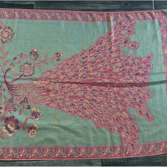 Peacock Reversible Pashmina Silk Large   Scarf Wrap Shawl Pink Mint - Picture 8 of 15